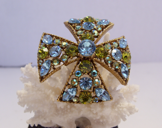 Blue & Green Rhinestone Maltese Cross Brooch Pin Vintage Has Blue, & Aurora Borealis Rhinestone, Great Gift