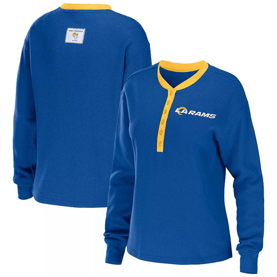 Women's WEAR by Erin Andrews Royal Los Angeles Rams Waffle Henley Long Sleeve T-Shirt, Size: 2XL, LAR Blue