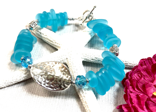 Chunky Blue Sea Glass Bracelet, Aqua Glass, Jewelry, Beachy Summer Bridesmaid Gift, Something
