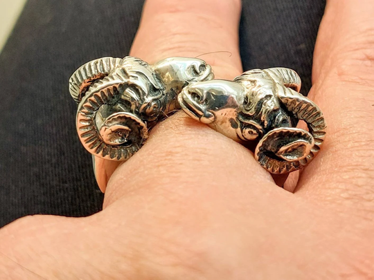 Ram Head Ring, Sterling Silver Ram, Mother Of Pearl Double Ram Heads Ring