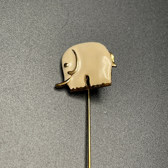 Crown Trifari Elephant Stick Pin, Creamy White Enamel, Gold Tone Metal, Metal End Cap