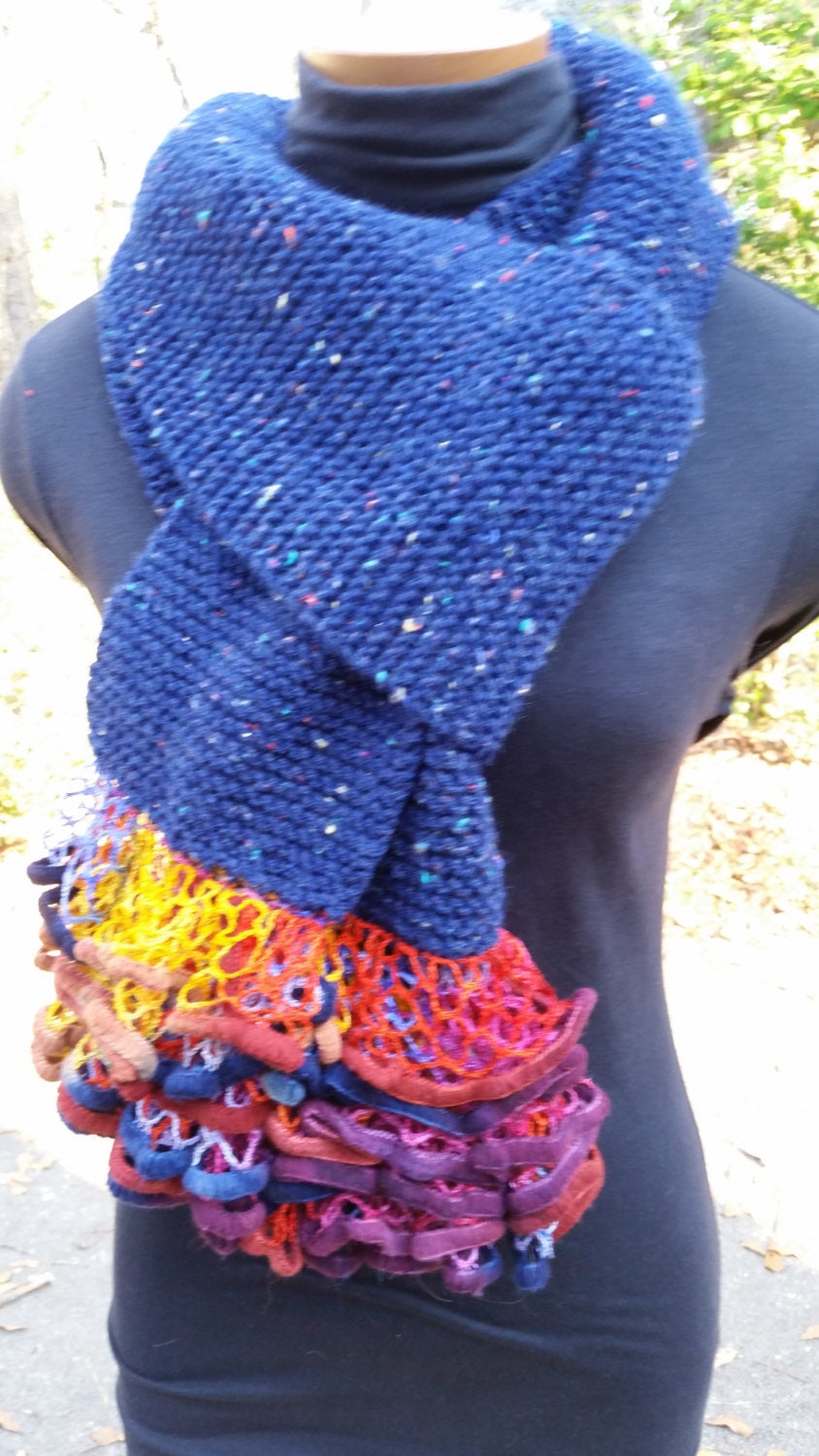 6.5 X 81 Inches Knitted Wool Blend Scarf, Navy Blue With Specs Of Color