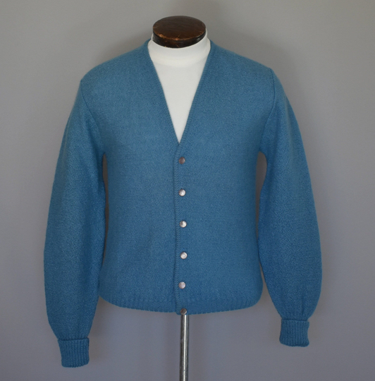 70S Blue Grandpa Cardigan, Mohair Blend Golf Sweater, Wool Button Front Jumper, Vintage 1970S, Size Medium