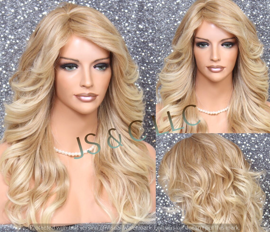 Blonde Mixed Human Hair Blend Lace Front Wig Full Long Curly With Bangs Heat Safe Cancer Alopecia Theater