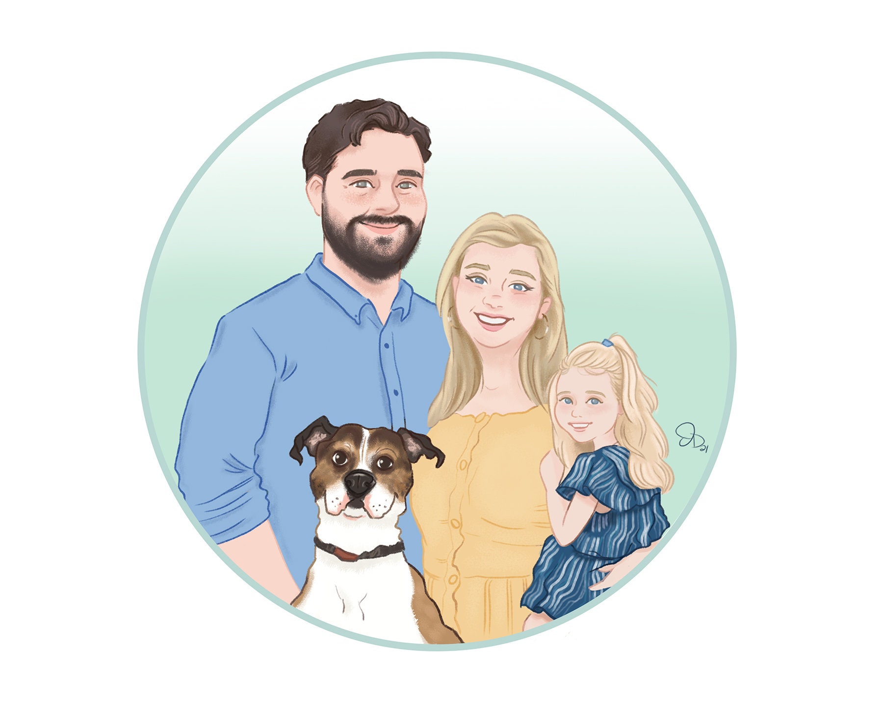 Digital Custom Portrait Illustration Up To 4 People Pets // Color Or Full Background Choose Colors #112018C