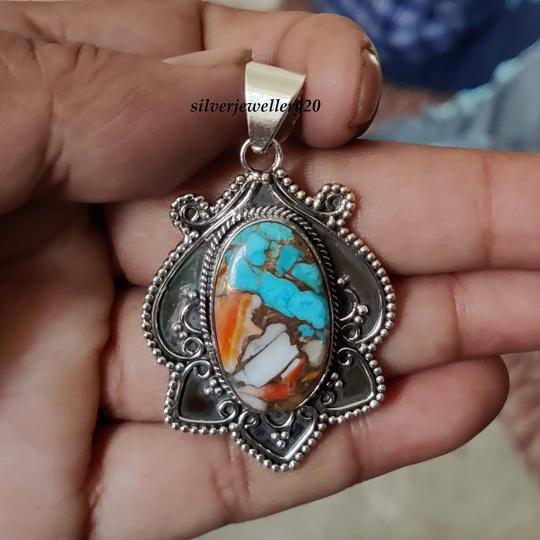 Oyster Copper Turquoise Oval Shape Gemstone Pendant | 925 Sterling Silver Designer Handmade Jewelry Gift