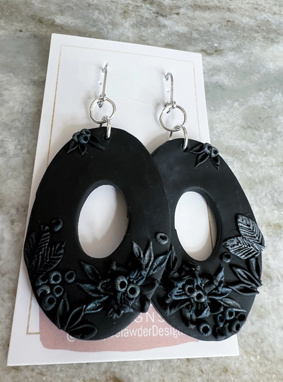 Black Polymer Clay Sculpted Floral Earrings // Statement Bohemian