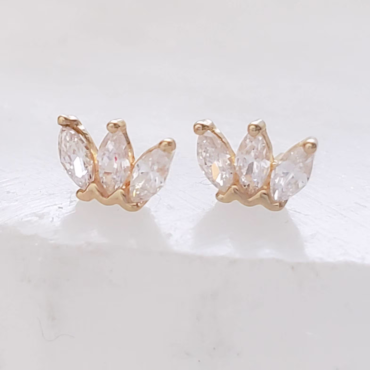 Marquise Diamond Cz Flat Back Studs 14 Karat Body Jewelry Dainty Triple Top Push in Threadless Comfort