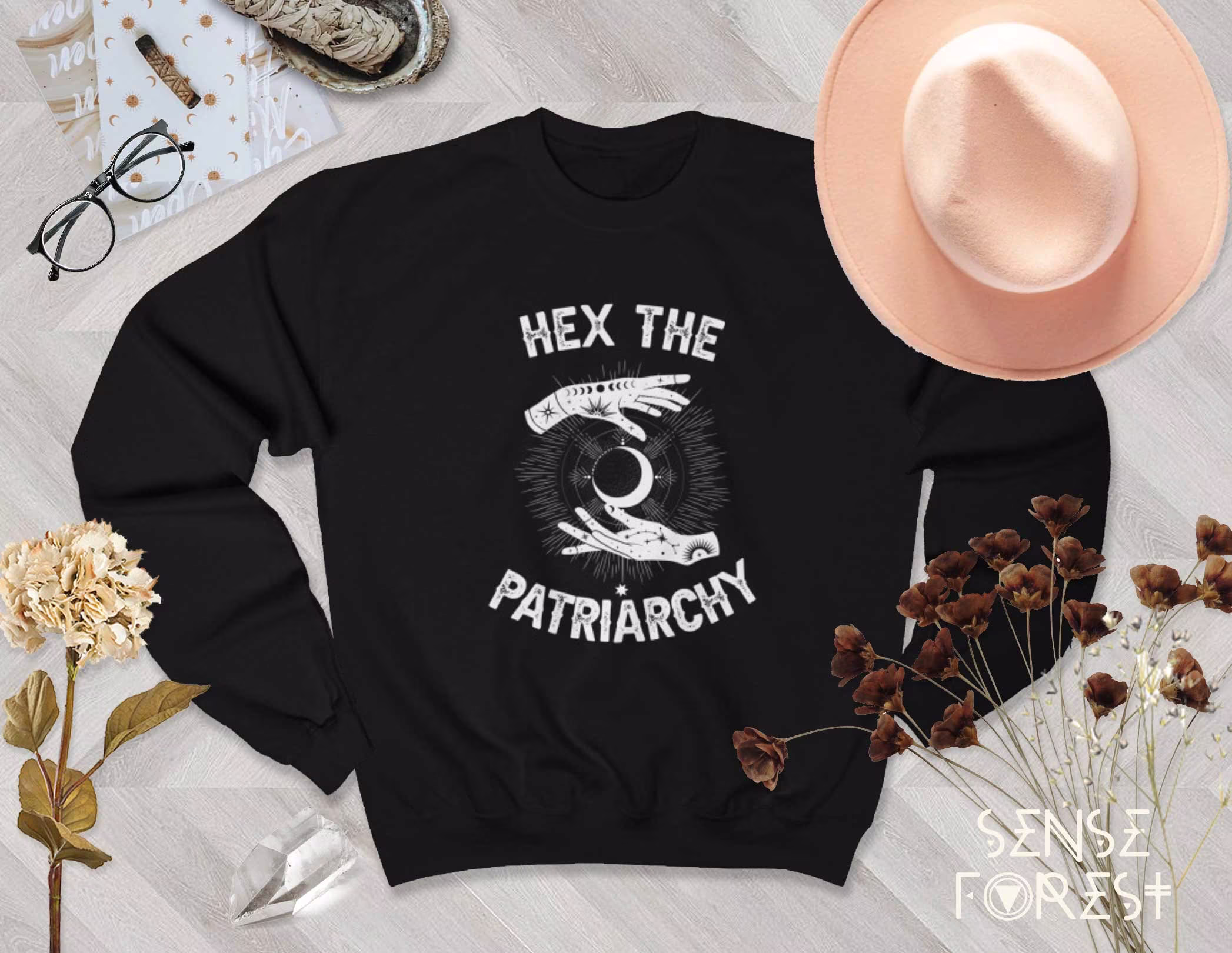 Hex The Patriarchy Witchcraft Unisex Heavy Blend Crewneck Sweatshirt, Cute Boho Cottagecore Shirt, Wicca Occult Witchy Sweater