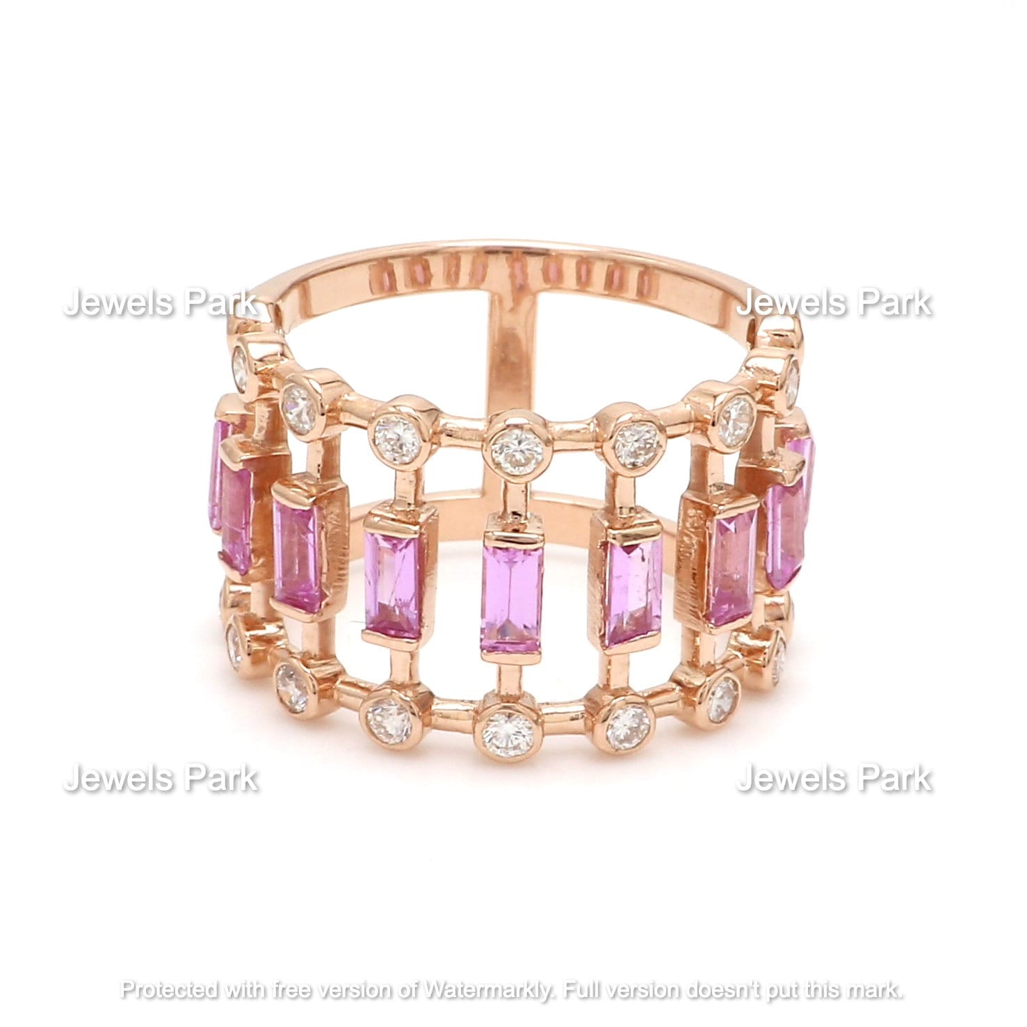 Pink Sapphire Dot & Dash Ring 14K 18K Gold | Natural Baguette Cut Pink Diamond Emerald