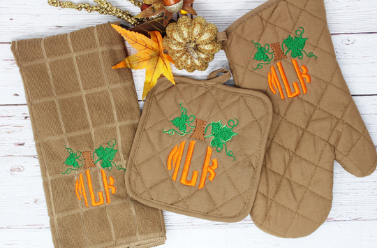 Harvest Kitchen Set-Pumpkin Monogram -Personalized Embroidery | One Pot Holder, One Towel, & Oven Mitt