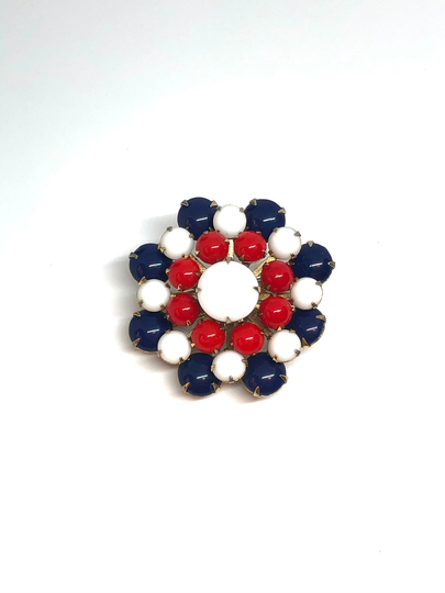 Vintage Red White & Dark Navy Blue Cabochon Rhinestone Cluster Circle Brooch Costume Jewelry Resale Spring Summer Gift For Her Woman Lady