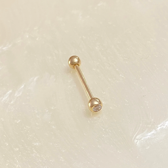 16 Gauge 14K Yellow Gold Tongue Barbell Piercing With Cubic Zirconia Stone