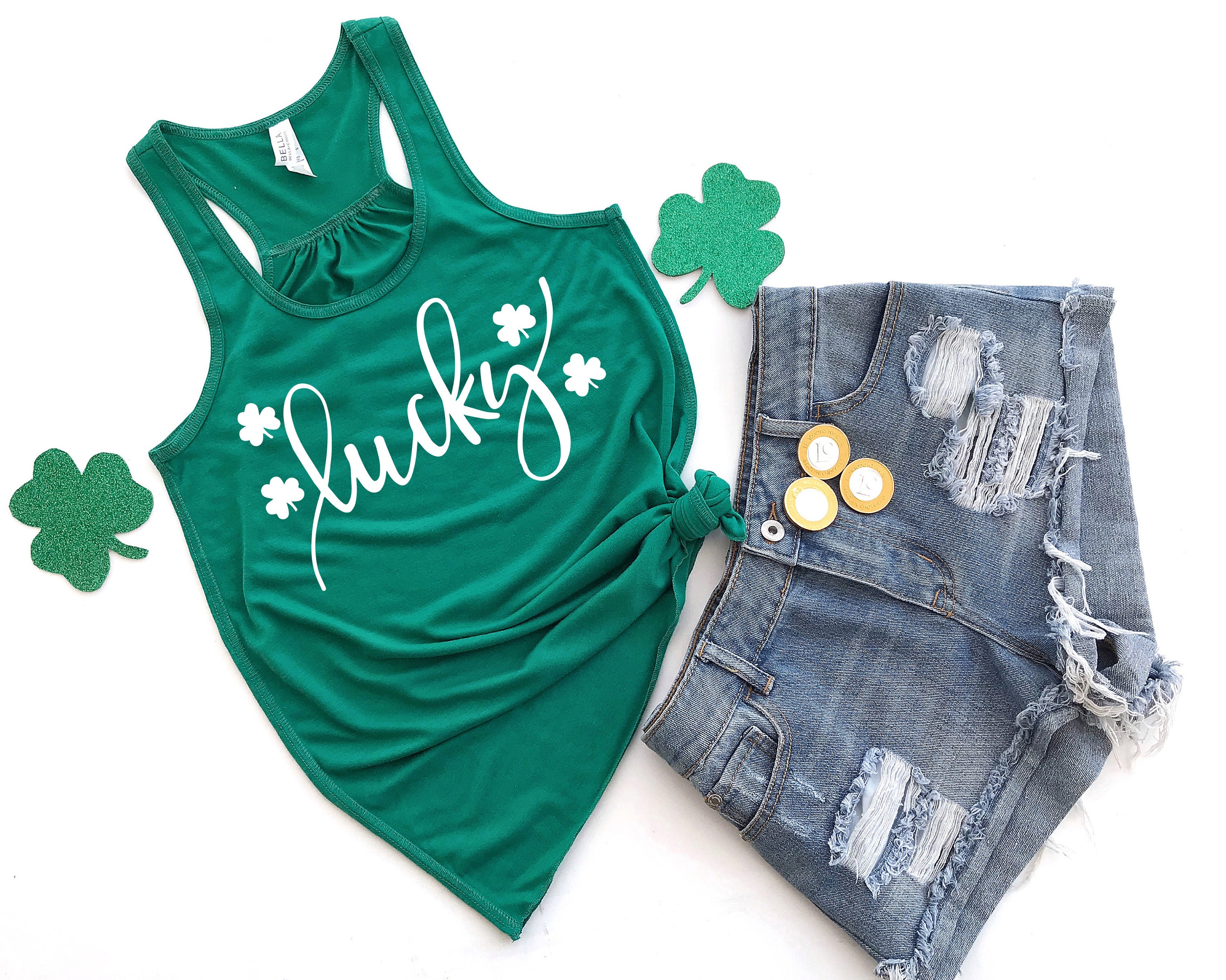 st Patricks Day Tank Top Lucky Design With Little Shamrocks Flowy For Women Free Shipping