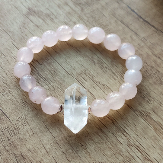 Natural Rose Quartz Beaded Bracelet Terminated Point White 10mm Beads Healing Crystal Stone Handmade Jewelry