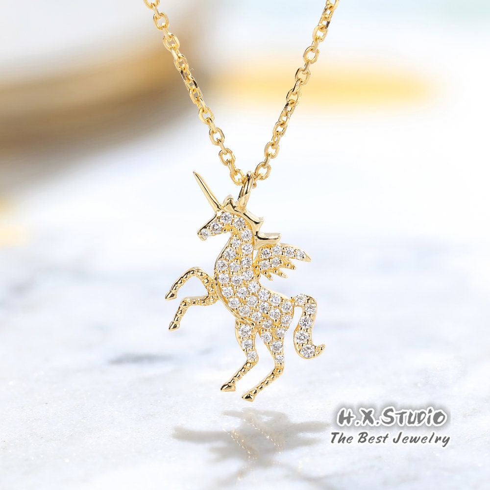 Diamond Fairy Tale Flying Unicorn Pendant Necklace in Solid 18K Gold/Custom Fine Jewelry/Personalization Design/Gift For Women & Girls