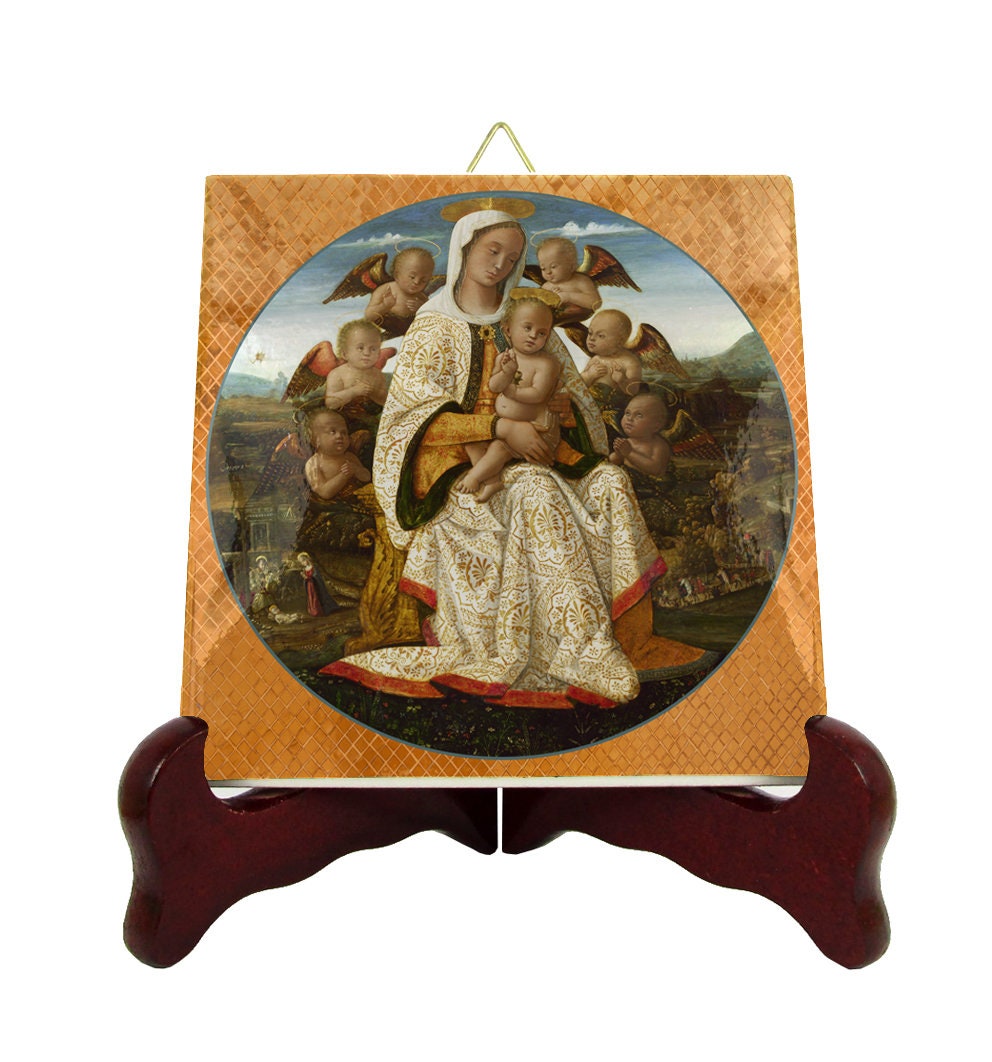 The Virgin & Child With Cherubim - Catholic Gifts Religious Icon On Ceramic Tile Madonna Jesus Plaque Decor