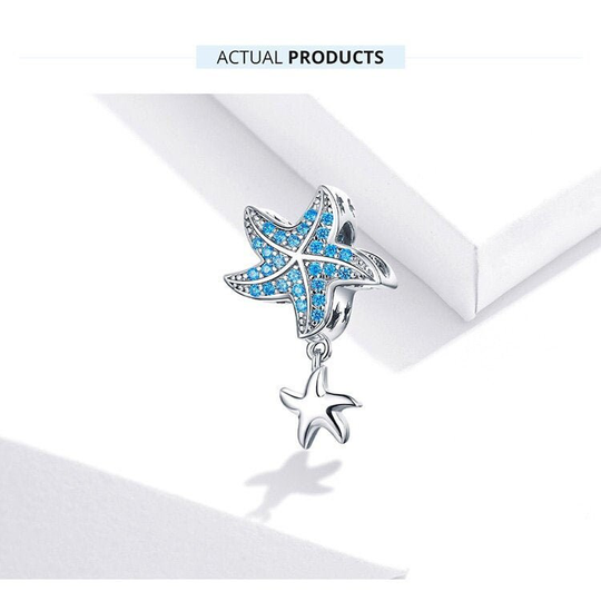 925 Sterling Silver Starfish Dangle Charm For Bracelet, Elegant Blue Cz Bead Necklace Jewelry
