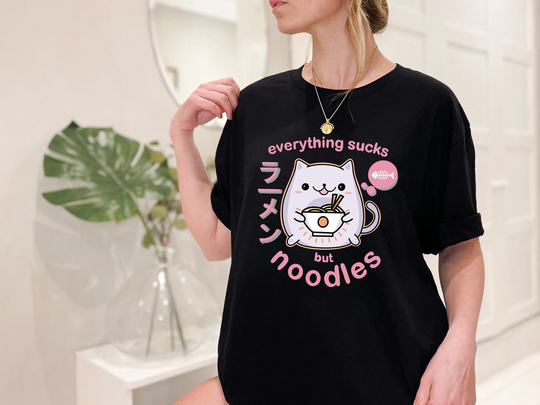 Everything Sucks But Noodles Unisex Shirt, Funny Ramen Lovers Gaming Gift, Gaming Shirt, Funny Cat Tee