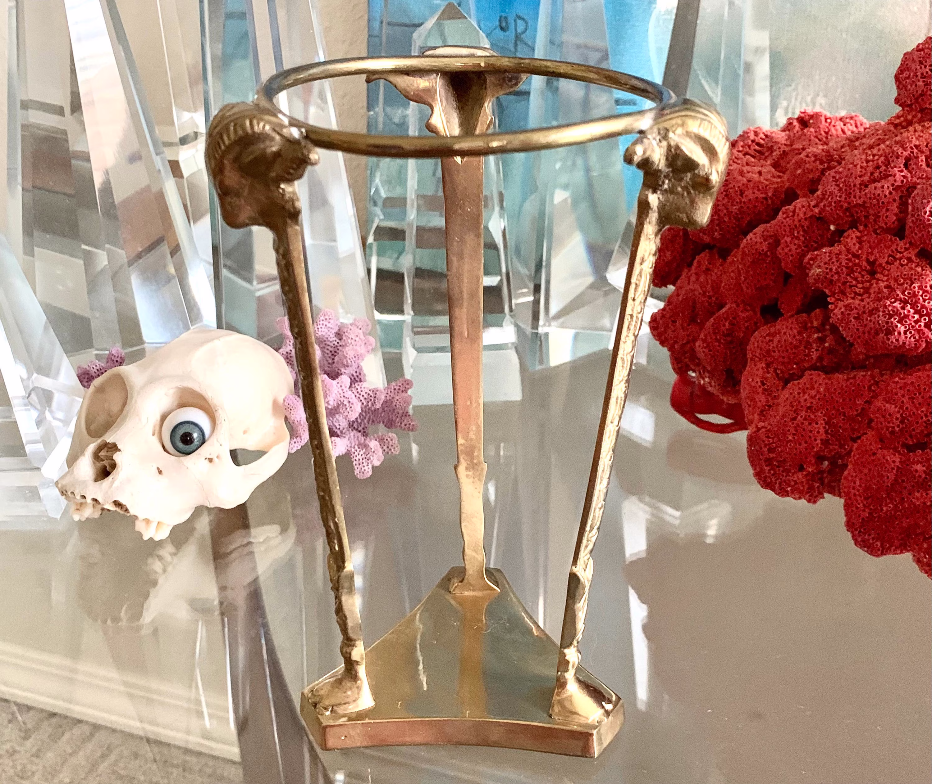 Vintage Small Brass Ram Head Stand Footed Display Base Holder 6.75 Inch Tall