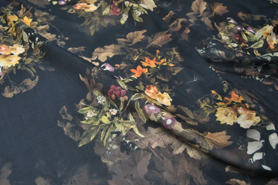 Floral Print Black Silk Cotton Blend Fabric Width 44 Inch