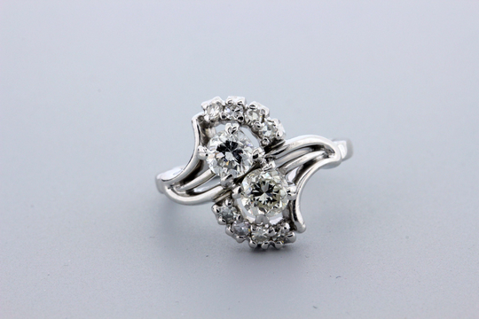 Vintage 14K White Gold Duo Diamond Cluster Ring Single Cut Accents