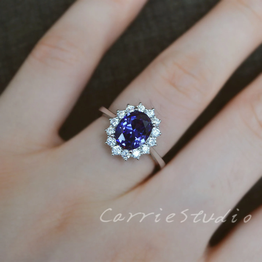 Halo Silver Tanzanite Ring/ 79mm Oval Cut Promise Ring/Anniversary Gift For Her