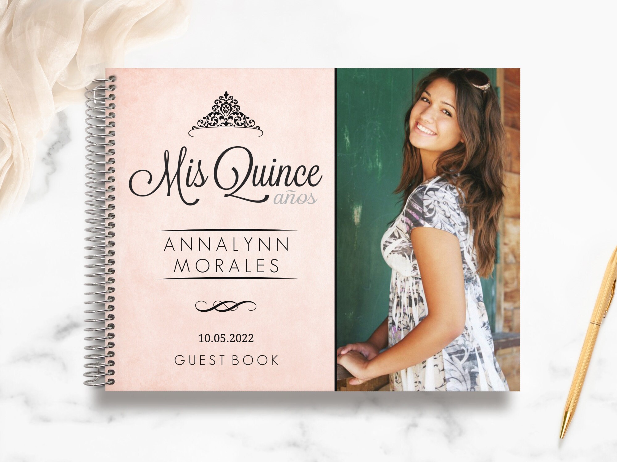 Quinceaera Guestbook | Birthday Guestbook Custom Personalized Registry Antiqued Pink