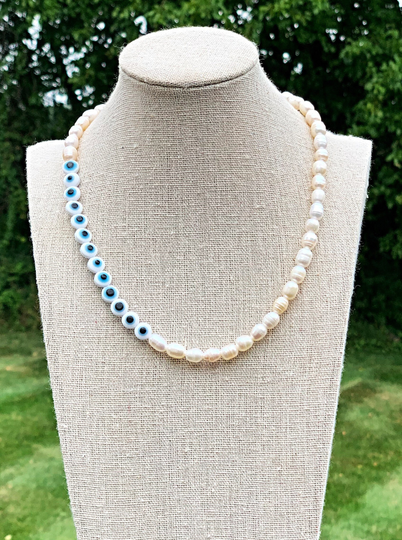 Half Pearl Necklace, Freshwater Pearl, Boho Jewelry, Indie, Funky Accessories, Evil Eye, Eliou, Harry Styles, Y2K, Trendy, Protection