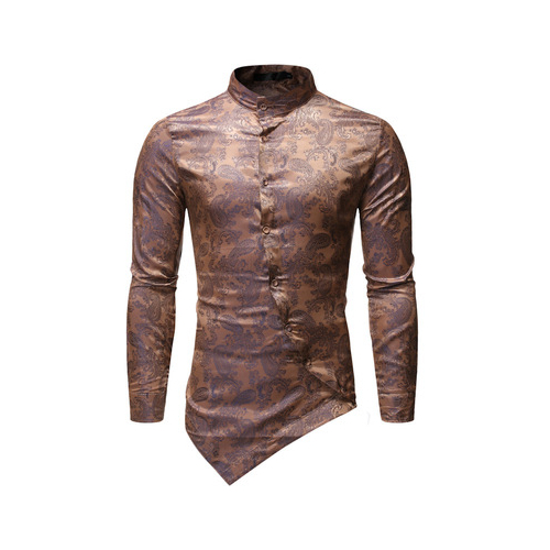 Men's Shirt Long Sleeves Printed Turtleneck Cotton Blended With Dark PatternAsymmertric Length Hip Hop Causual Homme Clothing - gold, xl