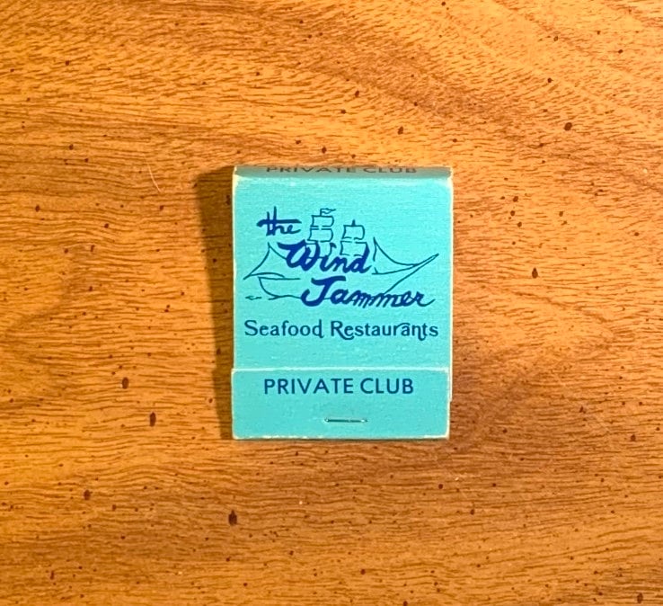 Vintage Matchbook, Wind Jammer, Seafood Restaurant, Dallas, Garland, Texas, with 20 Match Sticks, Free Ship in Usa