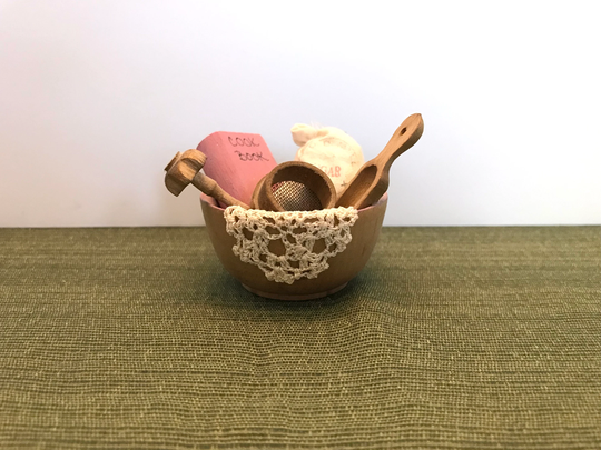 Wood Doll Sized Miniature Mixing Bowl Of Baking Supplies - Mini Cook Book, Sugar Sack Scoop Sifter Lace Cloth 2.25" X 1.25"