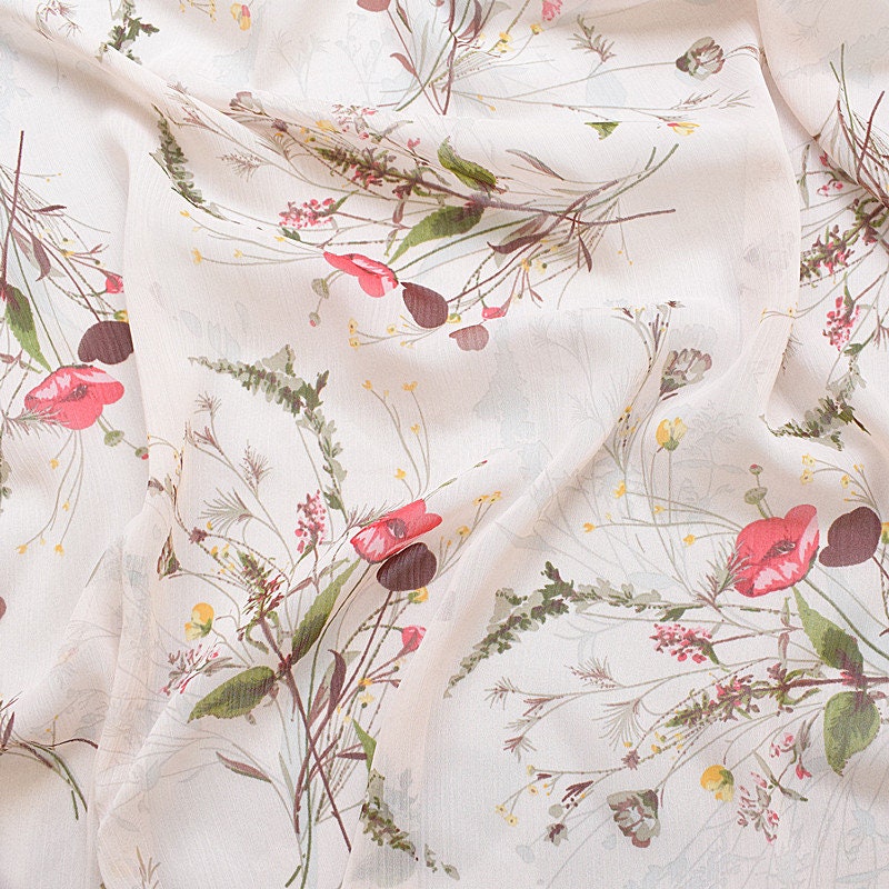 57Width 3 Patterns Floral Series Red Flower Pink Yellow Blue Leaf White Chiffon Fabric By Yard