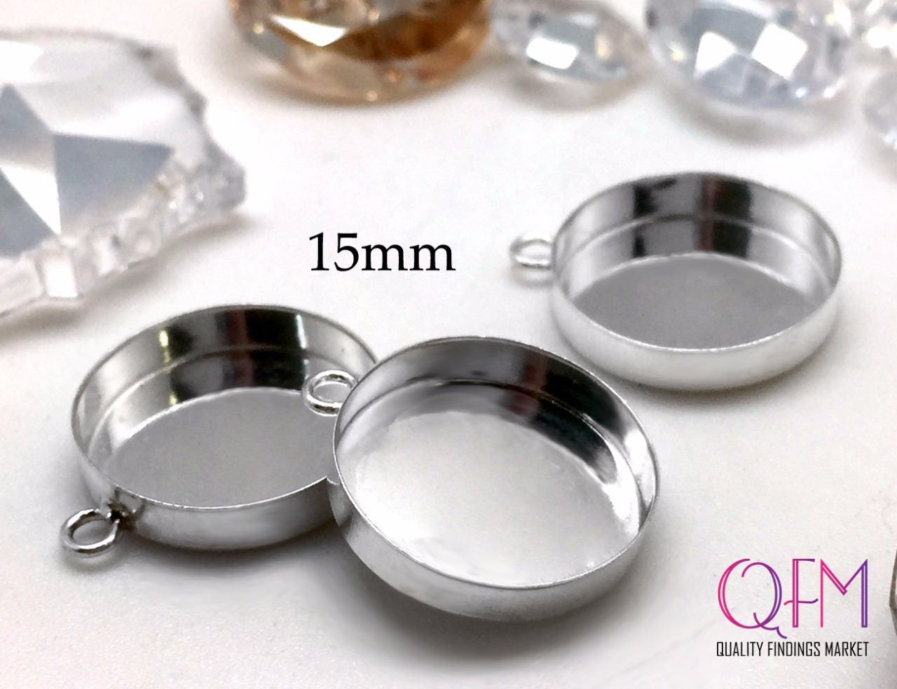 6Pcs Silver Bezel Cup, 15mm Setting, Sterling Base, Jewelry Pendant Tray, Cabochon Base