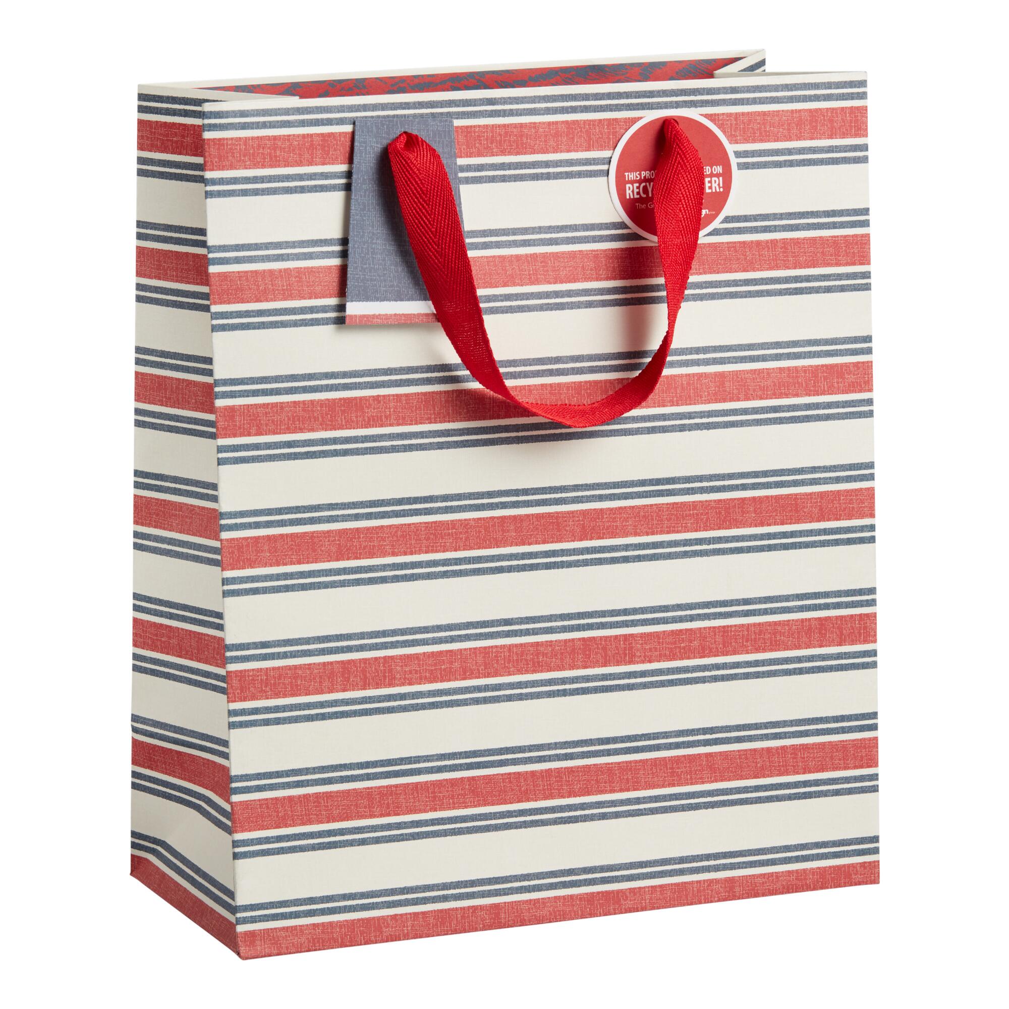 Large Ivory, Red and Navy Stripe Gift Bag: Blue/Red/White - Paper by World Market