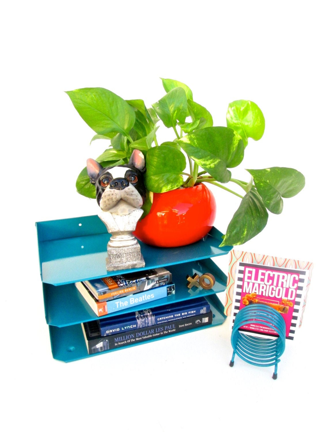 Mid-Century Industrial Steel Mountable Magazine/File Rack + Spiral Letter Caddy || 3-Tier Tanker Style Turquoise Color Pop