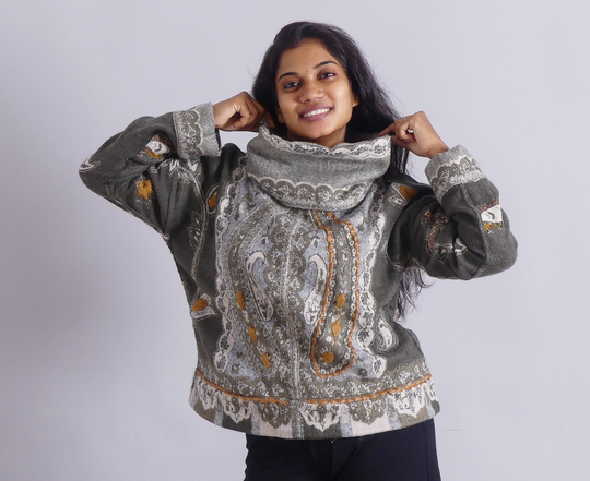 Sweater Wool & Acrylic Blend Sweater Embroidered Women's Short Woman Winter Wool Short