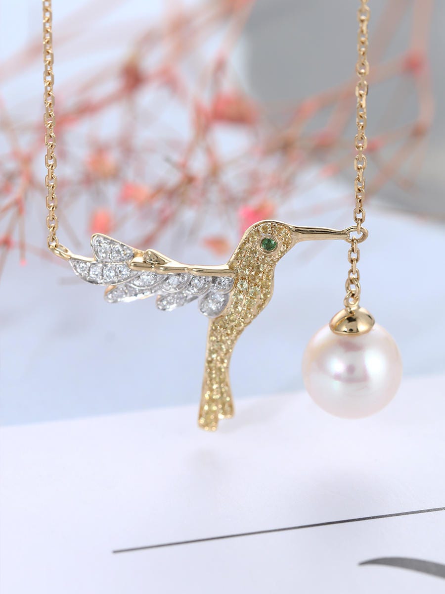 Vintage Pearl Necklace Wedding Women Diamond Pendant Yellow Sapphire Tsavorite Statement Bridal Set Jewelry Anniversary Day