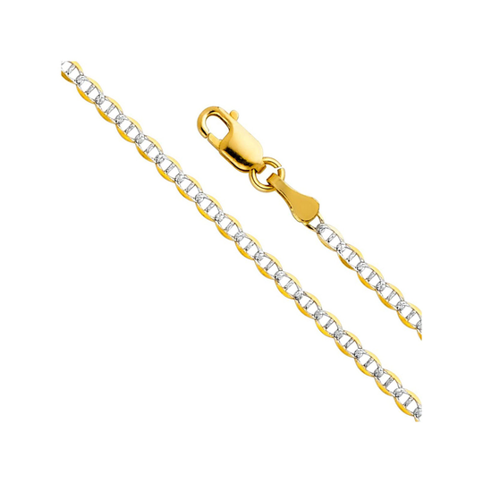 Ozzar 14K Real Two Tone Gold Solid 2mm Flat Mariner White Pave Chain Necklace With Lobster Claw Clasp