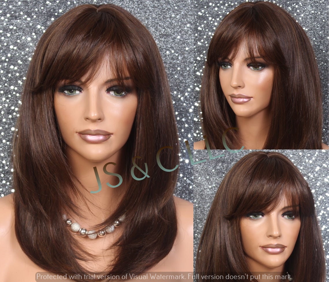 Human Hair Blend Wig Face Framing Razor Cut Brown Auburn Mix Heat Ok Full Bangs Center Part Stright Long Hair Cancer/Alopecia/Cosplay
