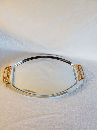 Vintage Kromex Metal Serving Tray, Platter With Gold Handles, Plate, 15 1/2 X 9 1/4 In