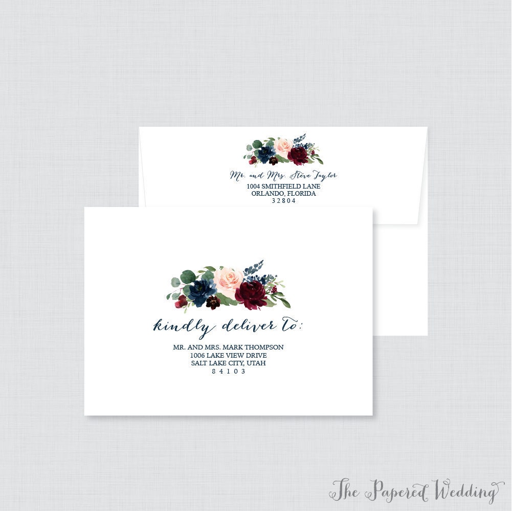 Navy & Marsala Wedding Envelopes - Printed With Navy, Pink, Burgundy Flowers with Rustic Calligraphy Custom 0010