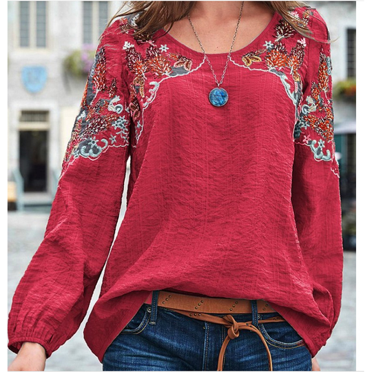 Long Sleeve Cotton-Blend Crew Neck Plain Tops - Red, M