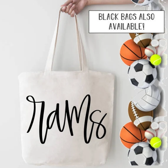 Rams Canvas Tote Bag, Personalized School Mascot Ballpark Custom Shopping Bag