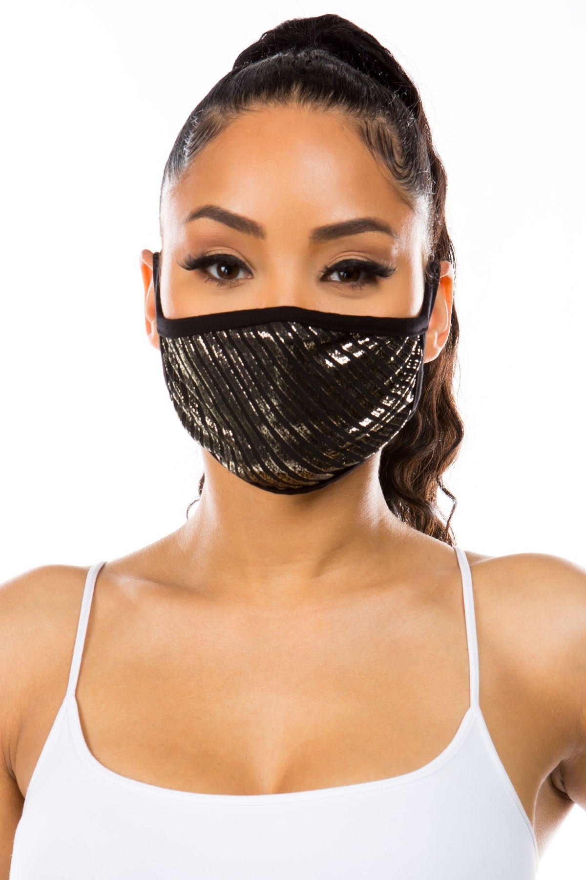 Cotton Blend Striped Foiled Face Mask | Shinny Metallic Single Layer Washable + Reusable Made in Usa