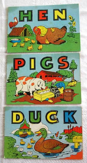 3 Vintage Puzzles Duck, Pigs, Hen Pictures & Words Cardboard 1960S