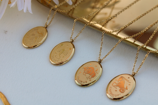 Gold Filled Oval Round Zodiac Necklace, Constellation Pendant, Horoscope Chain Spiritual Birthday Gift Waterproof Necklace