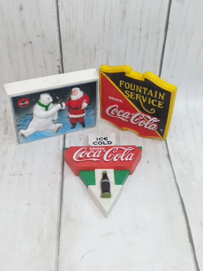 Vintage Coca Cola Advertising Magnets Set Of 3 Santa Claus & Polar Bear, Fountain Service & Cold Ice Sign | B6