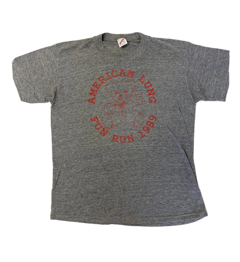 Vintage 70-80's Jerzees Heather Gray 1989 American Fun Lung Run Tri-Blend Single Stitch Rayon USA Made T-Shirt L Ultra Thin