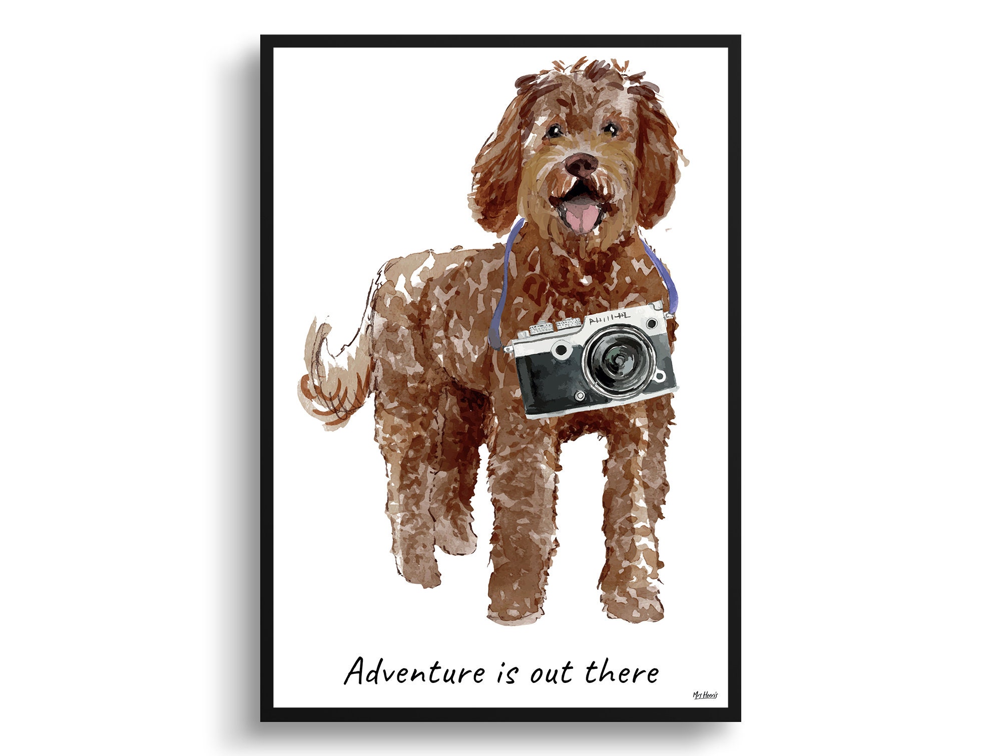 Adventure Is Out There Labradoodle Dog Print Illustration. Framed & Un-Framed Wall Art Options. Personalised Name